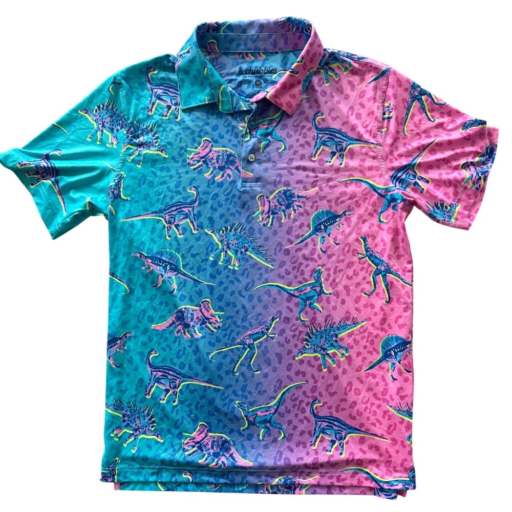 Chubbies Mens Medium Dinosaur Ombre Performance Polo Shirt Pink Teal Leopard